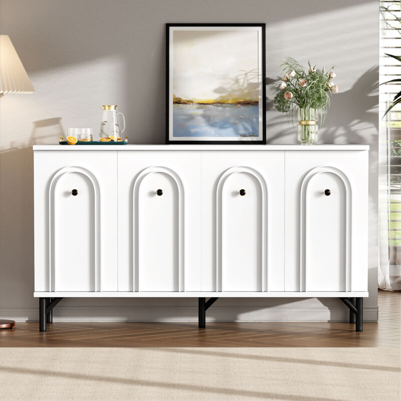 foto del prodotto credenza moderna bianca a 4 ante, design elegante, design delle ante curve 3d, ripiano regolabile, 140 l x 34 p x 78 a cm