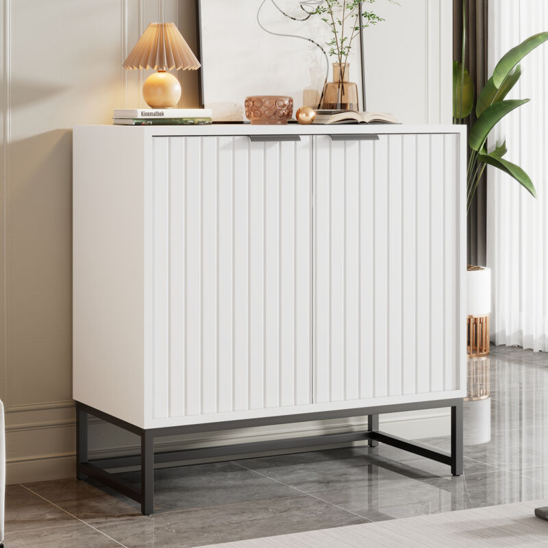 foto del prodotto credenza moderna, cassettiera con 2 ante stampate sottovuoto, mobiletto portaoggetti da terra con maniglie, 80x40x80 cm bianco