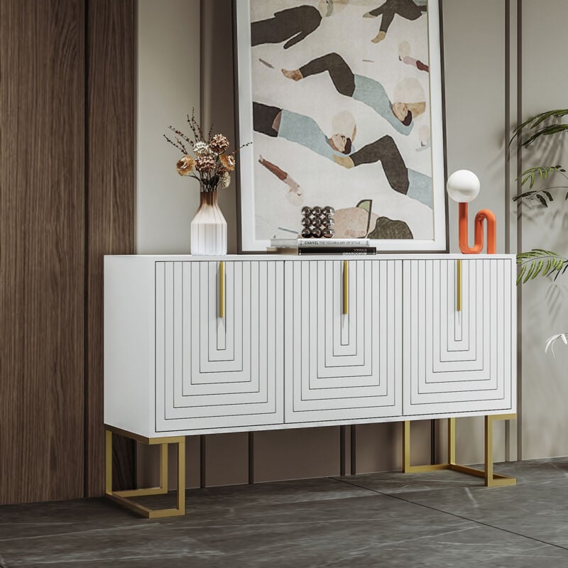 foto del prodotto credenza moderna con 3 ante, ripiani regolabili, ante a forma di u, maniglie e base in metallo per sala da pranzo e cucina bianco 