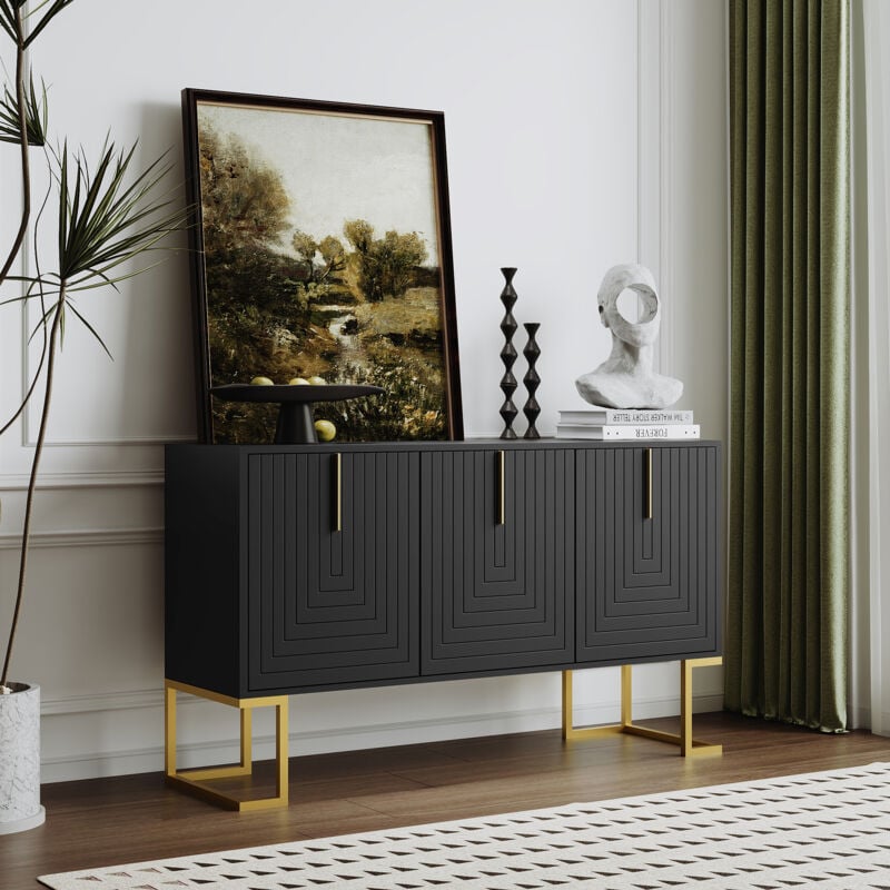 foto del prodotto credenza moderna con 3 ante, ripiani regolabili, ante a forma di u, maniglie e base in metallo per sala da pranzo e cucina nero 