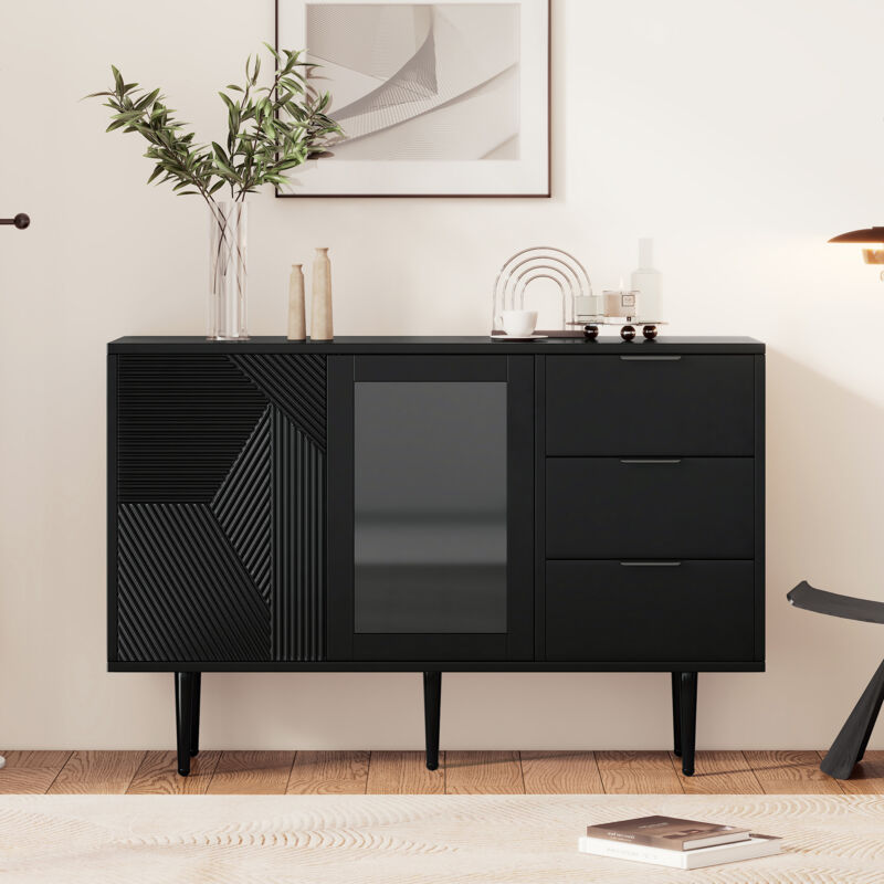foto del prodotto credenza moderna con 3 cassetti e 2 ante, cassettiera con gambe in metallo e ante in vetro, 120 l x 38 p x 79,5 a cm, nero