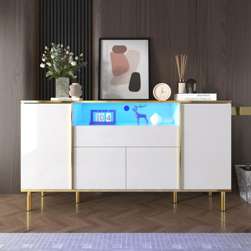 foto del prodotto credenza moderna con cassettiera bianca lucida e luci a led 2 cassetti, lussuosa decorazione gold line, 150 l x 40 p x 80 a cm