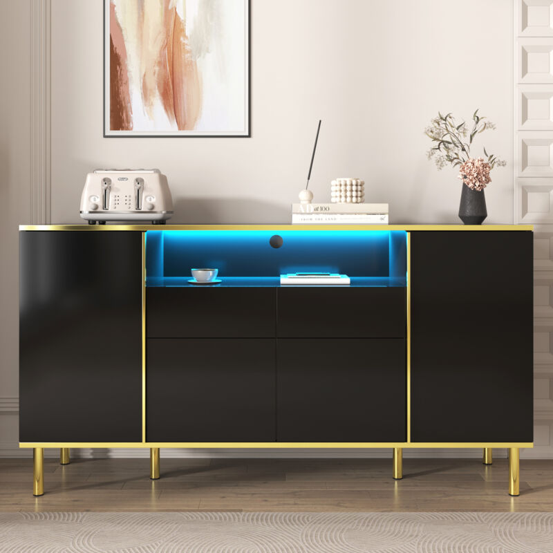 foto del prodotto credenza moderna con cassettiera nera lucida e led 2 cassetti, lussuosa decorazione gold line, 150 l x 40 p x 80 a cm
