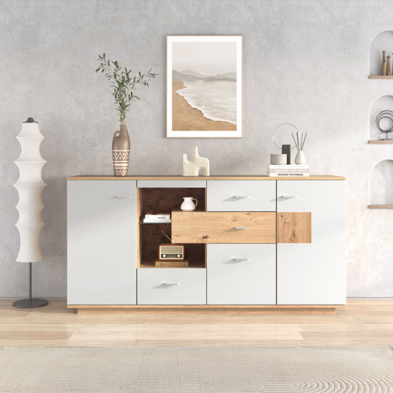 foto del prodotto credenza moderna con illuminazione a led, 160x40x77 cm, 2 ante, 4 cassetti, ripiano in vetro, aspetto legno, bianco