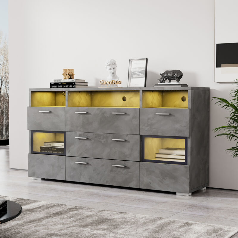 foto del prodotto credenza moderna grigia da 140 cm con illuminazione a led e ante in acrilico trasparente, 2 ante, 3 cassetti pi vani a giorno, unit base, unit di