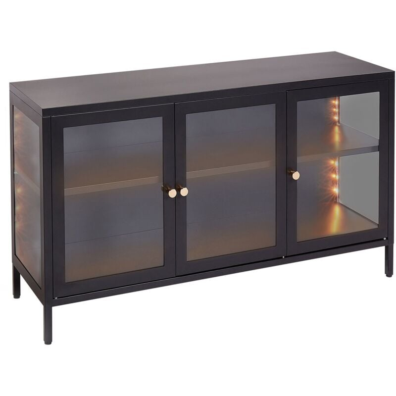 foto del prodotto credenza moderna in acciaio con vetro temperato a 3 ante con ripiani regolabili nero newport