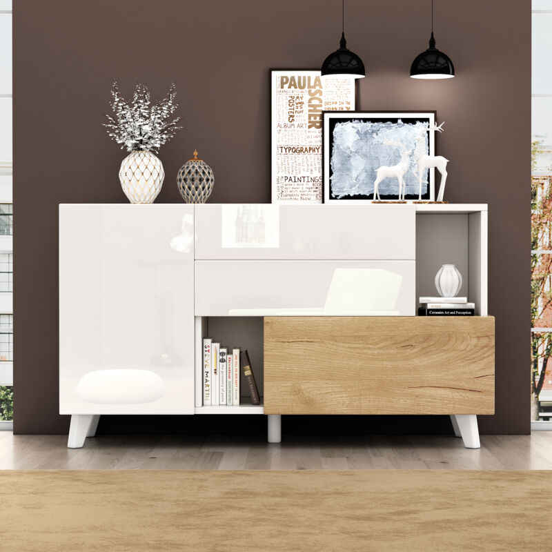 foto del prodotto credenza moderna in legno bianco lucido con contenitore, cassettiera per soggiorno, sala da pranzo, robusta e pratica