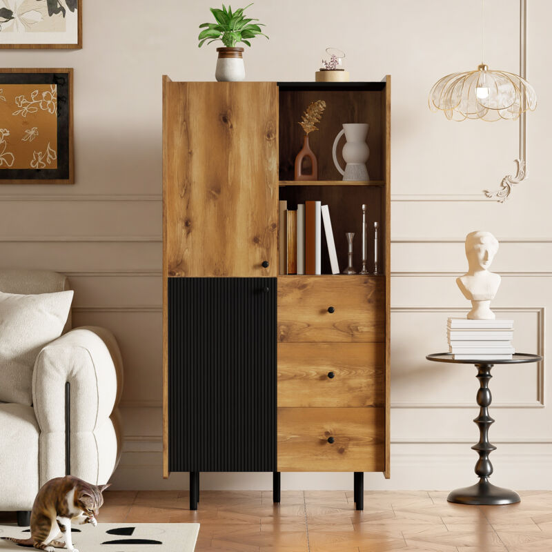 foto del prodotto credenza moderna in legno e nero con 2 ante 3 cassetti, cassettiera con ripiani aperti, 83x40x160 cm
