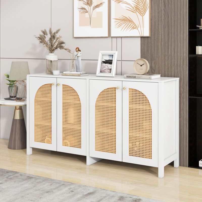 foto del prodotto credenza moderna in stile minimalista, 4 ante in rattan, maniglia in metallo, semplice mobile buffet per sala da pranzo, soggiorno, cucina bianco 