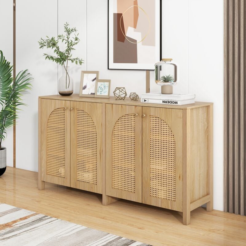 foto del prodotto credenza moderna in stile minimalista, 4 ante in rattan, maniglia in metallo, semplice mobile buffet per sala da pranzo, soggiorno, cucina (legno