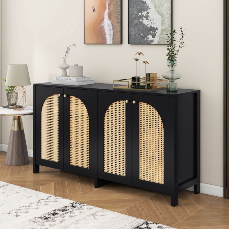 foto del prodotto credenza moderna in stile minimalista, 4 ante in rattan, maniglia in metallo, semplice mobile buffet per sala da pranzo, soggiorno, cucina nero 