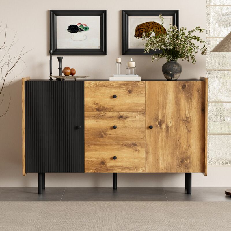 foto del prodotto credenza moderna rustica in legno e nero, cassettiera con 2 ante e 3 cassetti, 120 x 40 x 75 cm