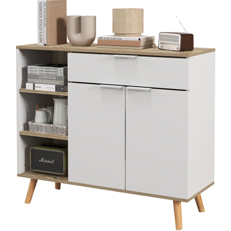 foto del prodotto credenza moderna salvaspazio in truciolato bianco e color legno - homcom