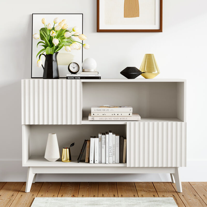 foto del prodotto credenza moderna scanalata, mobile contenitore con gambe in legno, cassettiera decorativa per soggiorno, ingresso, cucina, 100 x 38 x 77 cm, bianco