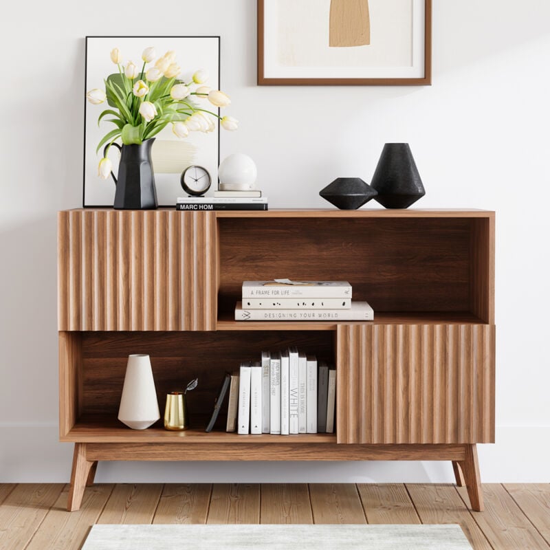 foto del prodotto credenza moderna scanalata, mobile contenitore con gambe in legno, cassettiera decorativa per soggiorno, ingresso, cucina, 100 x 38 x 77 cm, noce