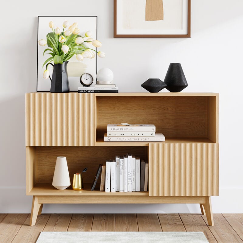 foto del prodotto credenza moderna scanalata, mobile contenitore con gambe in legno massello, cassettiera decorativa per soggiorno, corridoio, cucina, 100 x 38 x 77