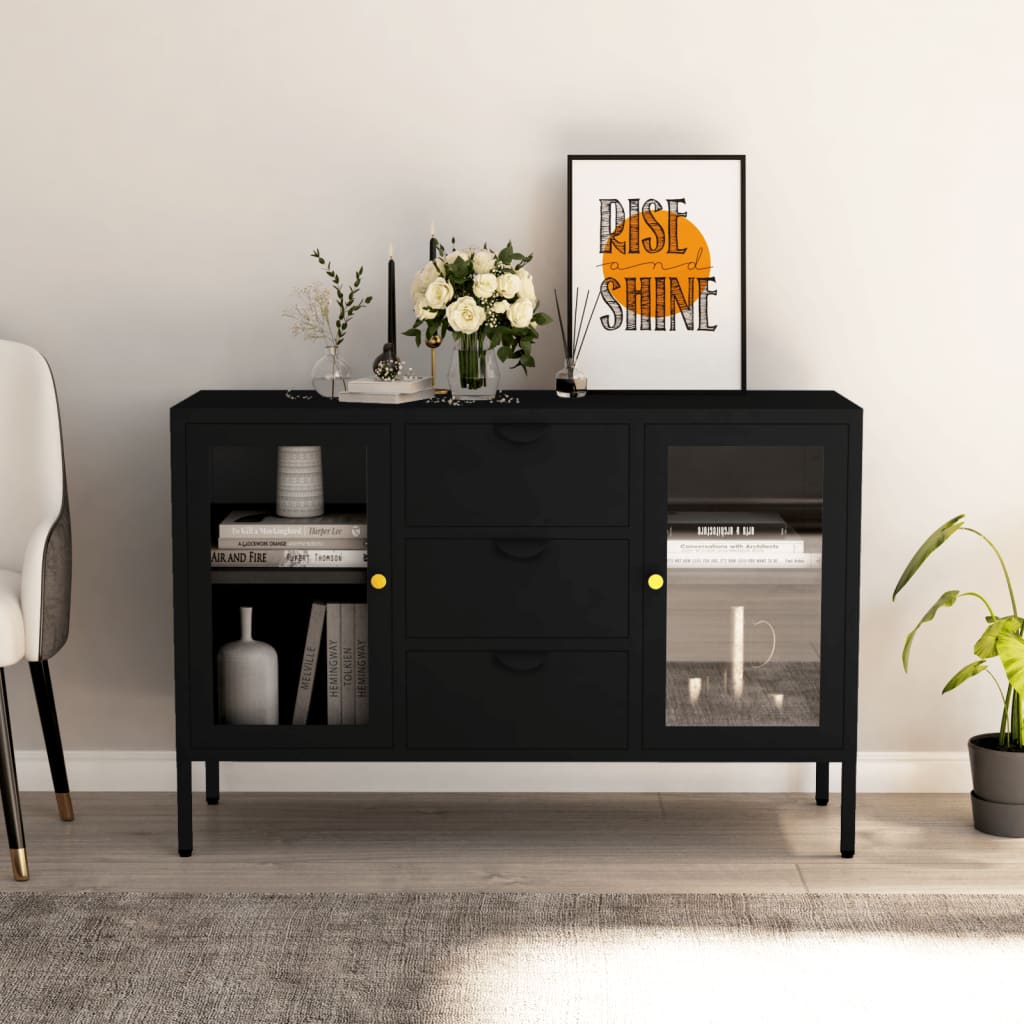 foto del prodotto credenza nera 105x35x70 cm in acciaio e vetro temperato cod mxl 9542