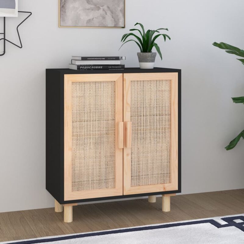 foto del prodotto credenza nera 60x30x70 cm legno massello pino e rattan naturale vidaxl