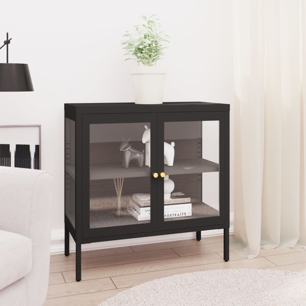 foto del prodotto credenza nera 70x35x70 cm in acciaio e vetro cod mxl 63469