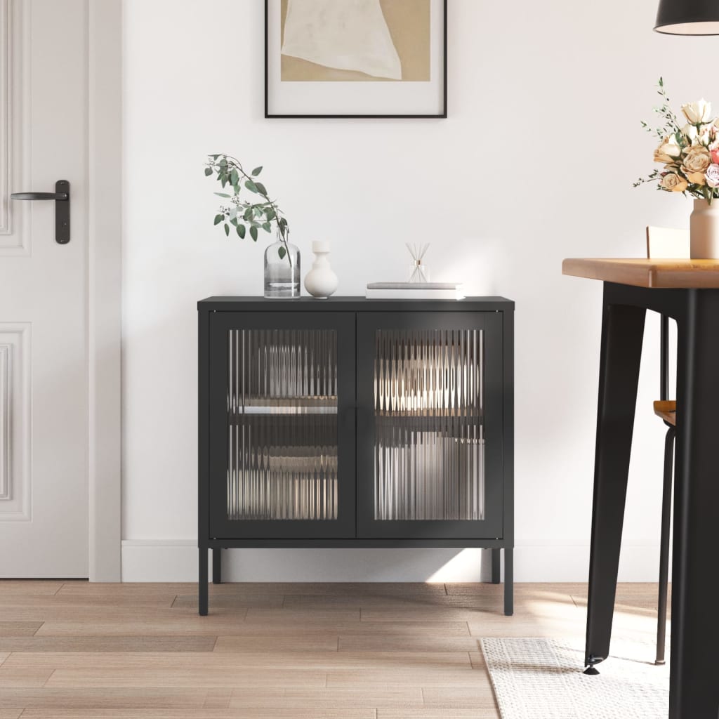 foto del prodotto credenza nera 70x35x70 cm vetro e acciaiocod mxl 81577