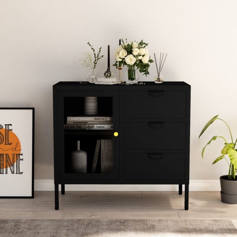 foto del prodotto credenza nera 75x35x70 cm in acciaio e vetro temperato cod mxl 66190