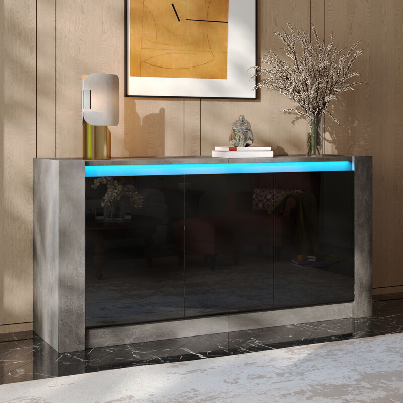 foto del prodotto credenza nera lucida con led, design senza maniglie, ripiani regolabili, 150 l x 40 p x 75 a cm