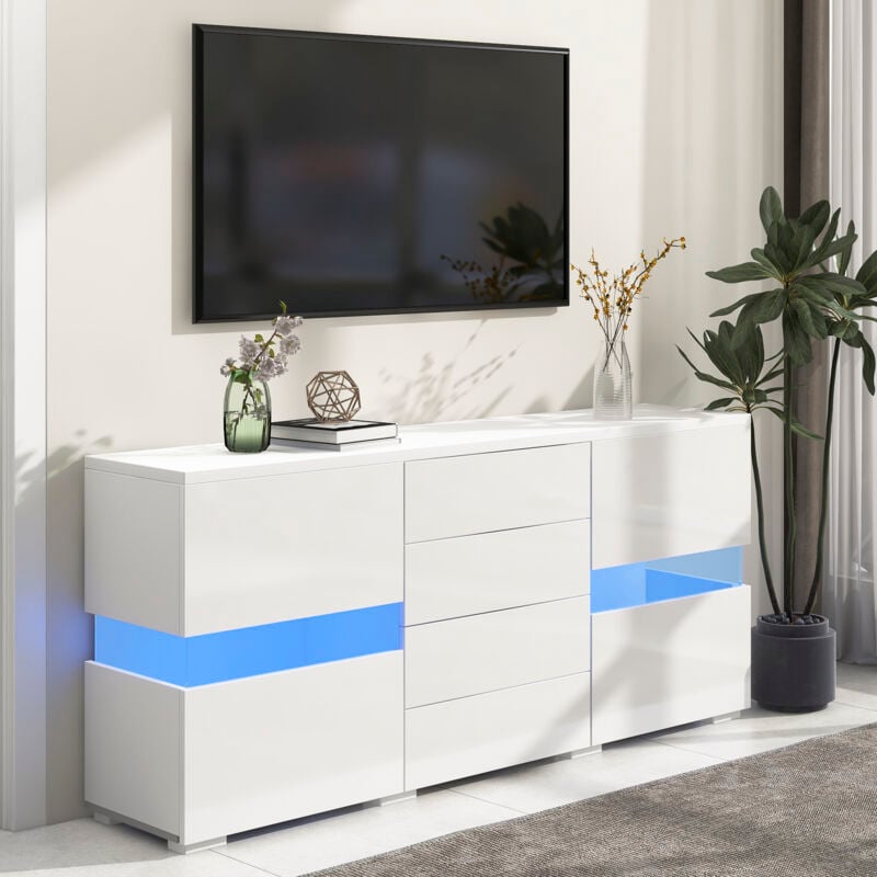 foto del prodotto credenza per soggiorno con luce led, mobile tv moderno a 2 ante e 4 cassetti brillanti, mobiletto laterale, 140x35x70 cm, bianco