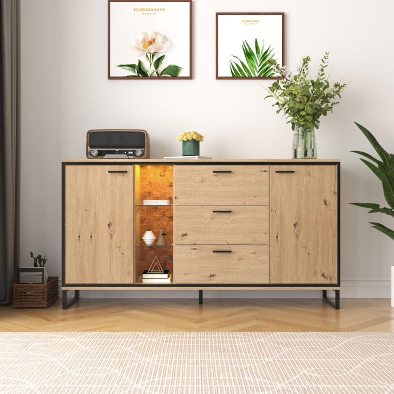 foto del prodotto credenza per soggiorno, credenza led, credenza in legno con 3 cassetti e 2 ante. grana squisita. nero e naturale