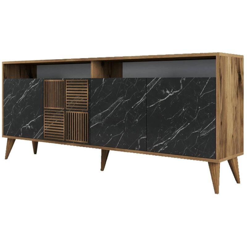 foto del prodotto credenza rotanev, buffet da soggiorno, madia da salotto, dispensa da cucina, 180x35 h79 cm, noce e nero dmora