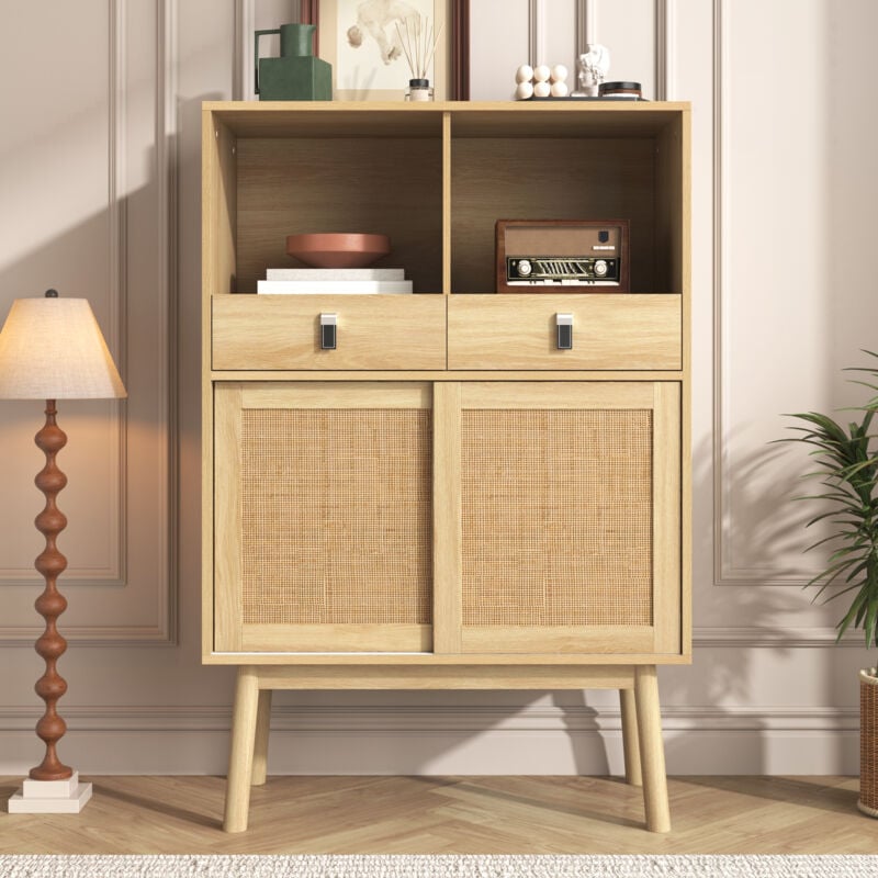 foto del prodotto credenza rustica con 2 ante in vero vimini rattan 2 cassetti 2 vani aperti, cassettiera con gambe alte 28 cm, 80x39,5x120 cm