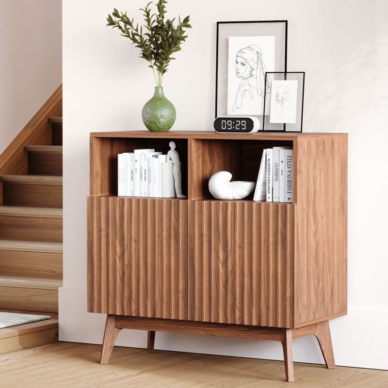foto del prodotto credenza scanalata, mobile contenitore con gambe in legno, cassettiera decorativa per soggiorno, ingresso, cucina, 80 x 38 x 80 cm, noce