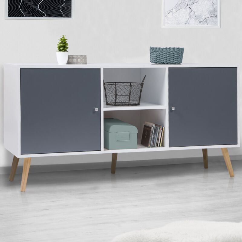 foto del prodotto credenza scandinava bassa effie 140 cm con 2 ante in legno bianco e grigio