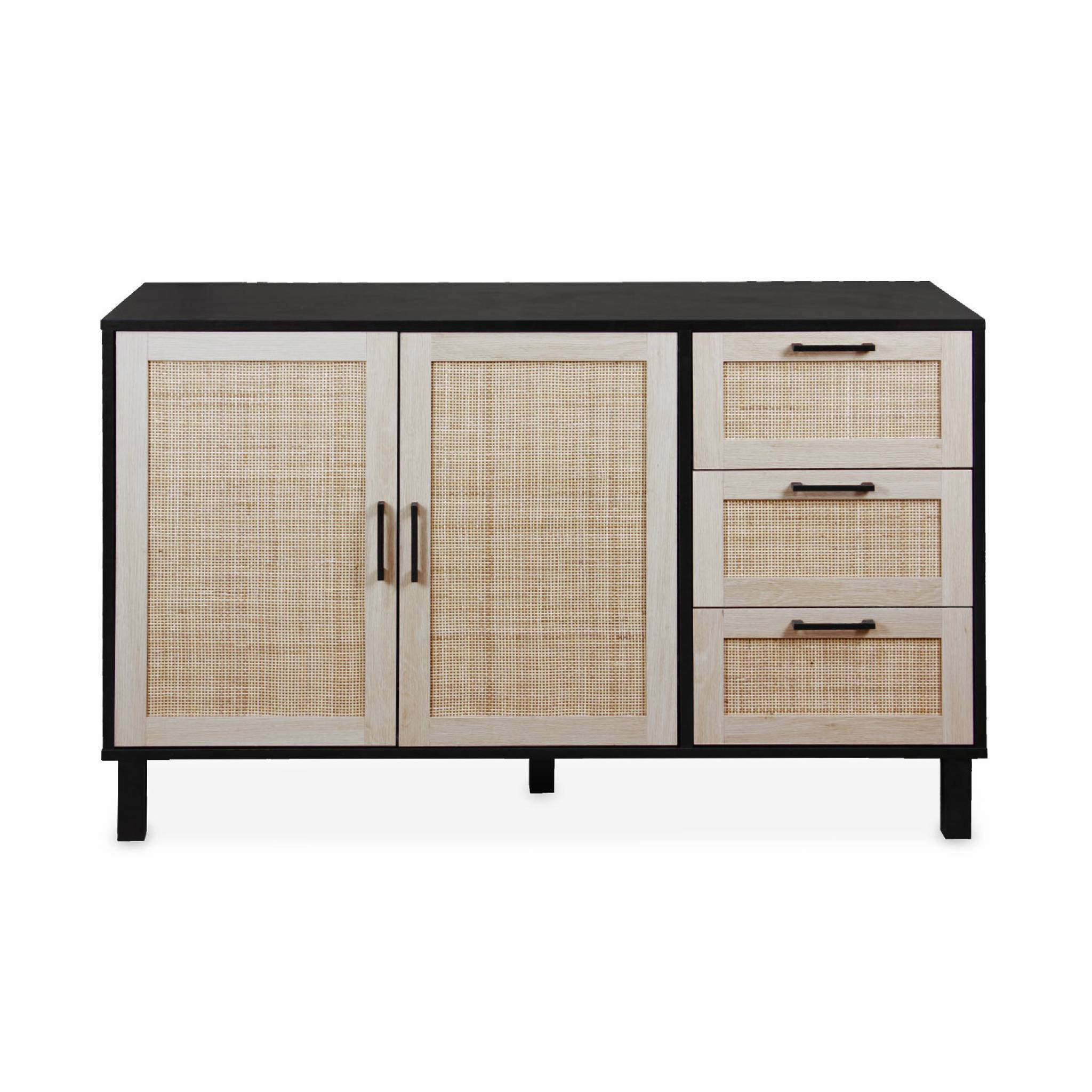 foto del prodotto credenza scandinava effetto legno e canna a 2 ante, 120cm, nero