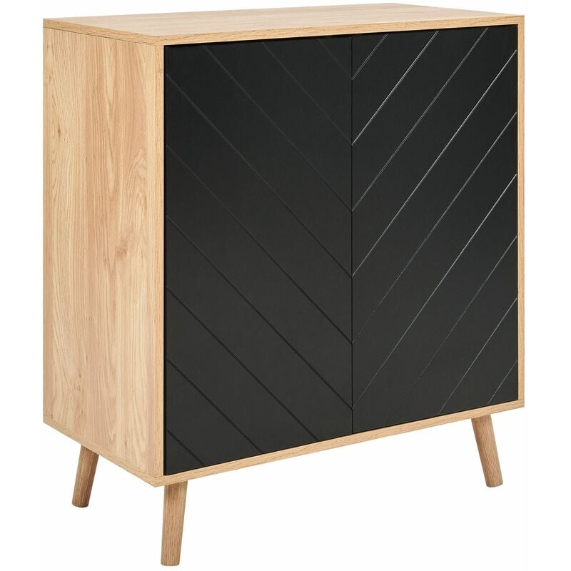 foto del prodotto credenza scandinava in mdf impiallacciato in legno a 2 ante con ripiani per la camera da letto soluzione di archiviazione in legno nero e chiaro
