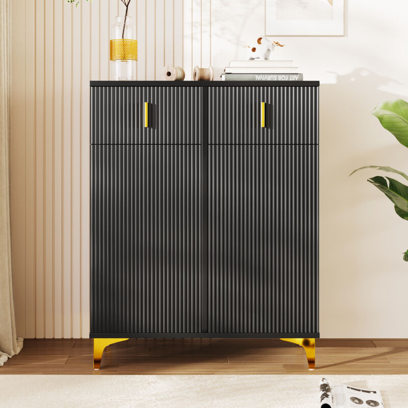 foto del prodotto credenza scarpiera con 2 cassetti, 2 ante, vano contenitore, ripiani regolabili, 83x35x101 cm nero