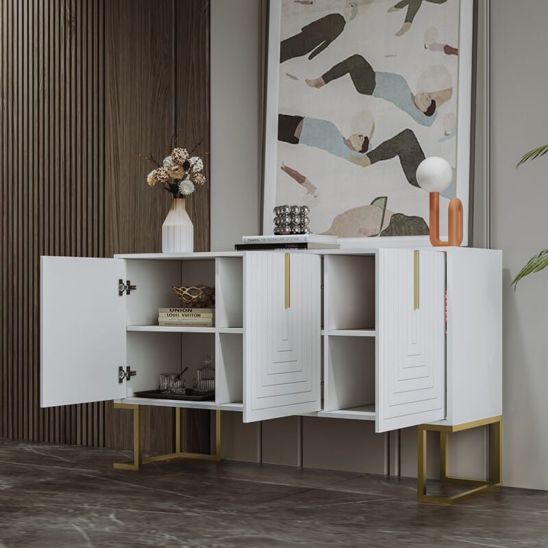 foto del prodotto credenza soggiorno 138x40x80,5cm con 3 ante, mobile cucina, maniglie e gambe in metallo, ripiani regolabili, mobiletto portaoggetti, mdf, bianco