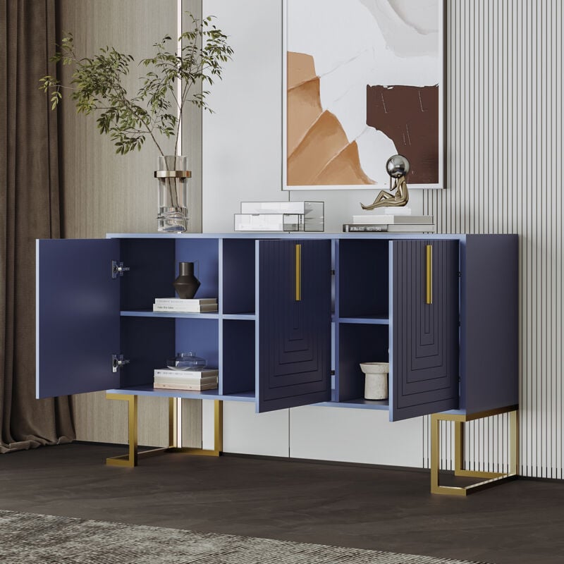 foto del prodotto credenza soggiorno 138x40x80,5cm con 3 ante, mobile cucina, maniglie e gambe in metallo, ripiani regolabili, mobiletto portaoggetti, mdf, blu navy