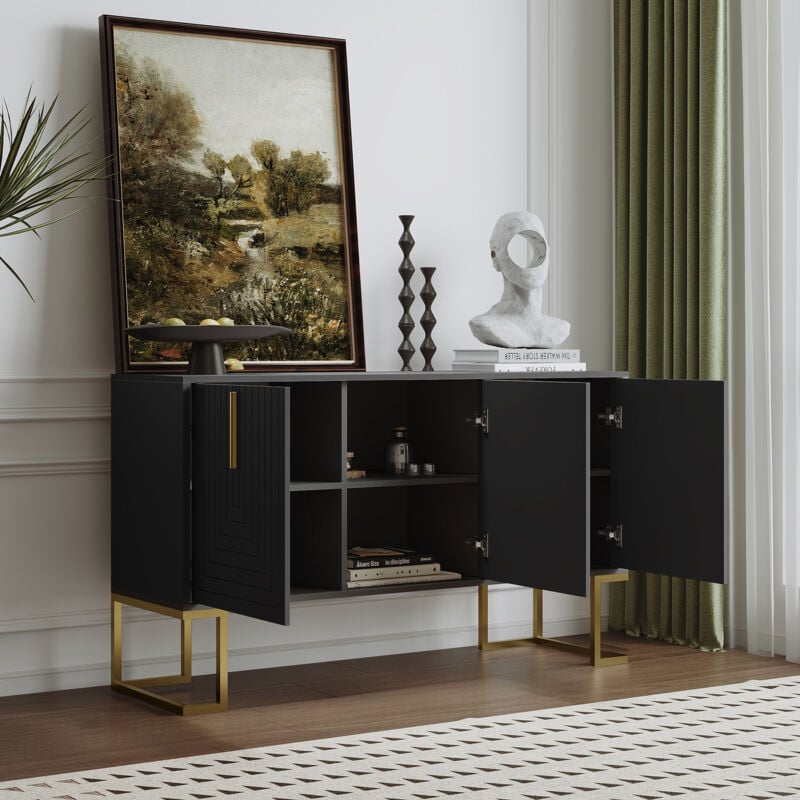foto del prodotto credenza soggiorno 138x40x80,5cm con 3 ante, mobile cucina, maniglie e gambe in metallo, ripiani regolabili, mobiletto portaoggetti, mdf, nero
