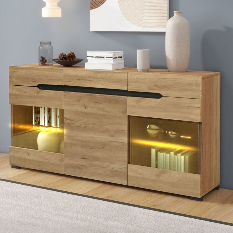 foto del prodotto credenza soggiorno 140x35x80 cm con 3 ante 3 cassetti, design moderno, cassettiere, led, colore naturale