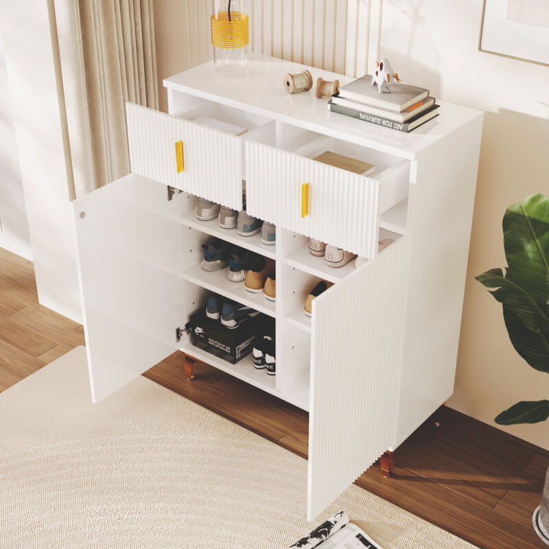 foto del prodotto credenza soggiorno 83x35x101cm con 2 cassetti 2 ante, cassettiera, maniglie e gambe dorate, ripiani regolabili, pannello truciolare, bianco