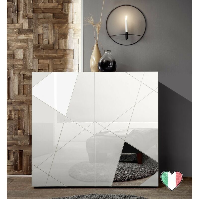 foto del prodotto credenza soggiorno bianco laccato lucido, 2 ante con inserti a specchio l. 121 cm lisbona