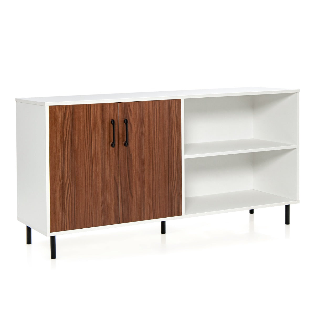 foto del prodotto credenza soggiorno con 2 ante e 2 vani cassettiera mobile contenitore 4 gambe rialzate in metallo 148 x 40 x 75 cm marrone bianco 20 0005634