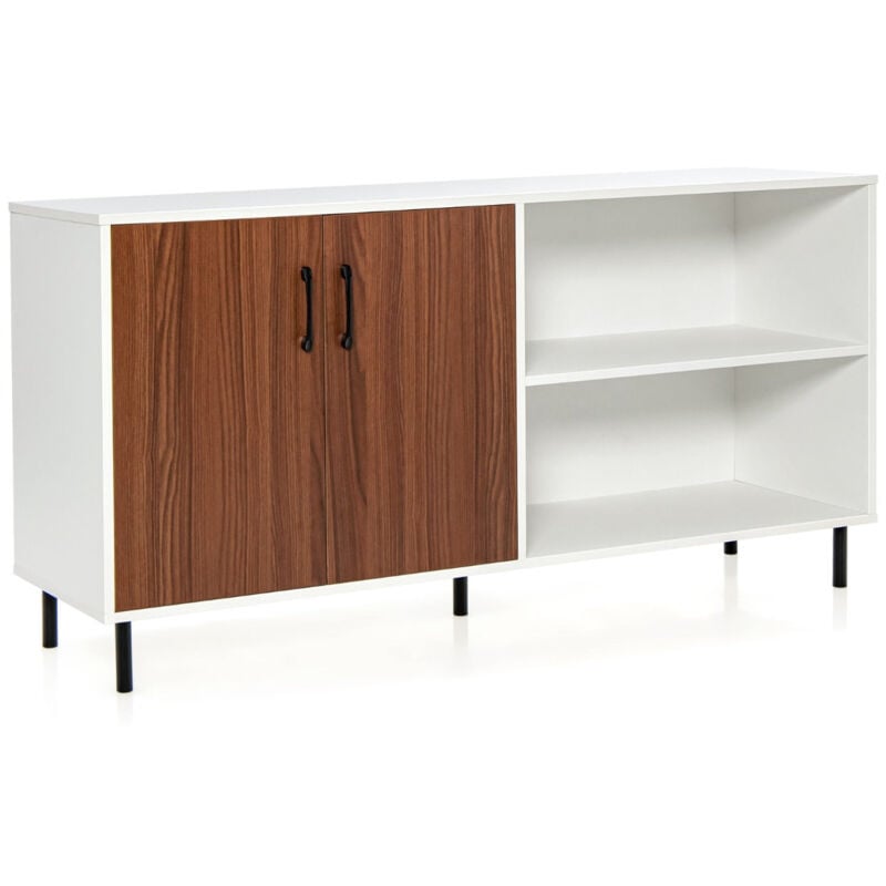 foto del prodotto credenza soggiorno con 2 ante e 2 vani cassettiera mobile contenitore 4 gambe rialzate in metallo 148 x 40 x 75 cm marrone bianco