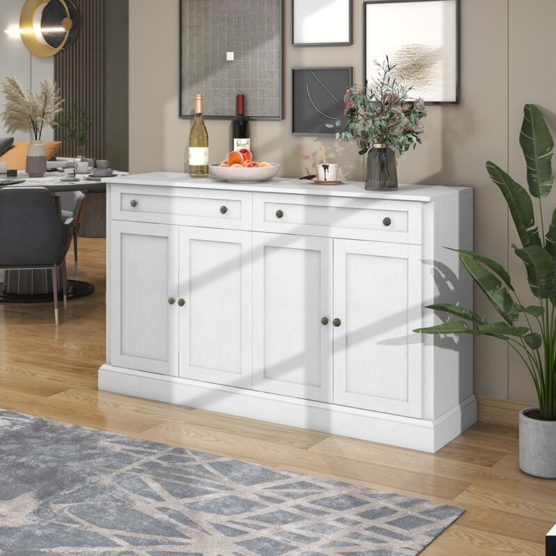 foto del prodotto credenza soggiorno, credenza bianca chiara con 2 cassetti e 4 ante, per sala da pranzo e soggiorno, 150x40x86 cm