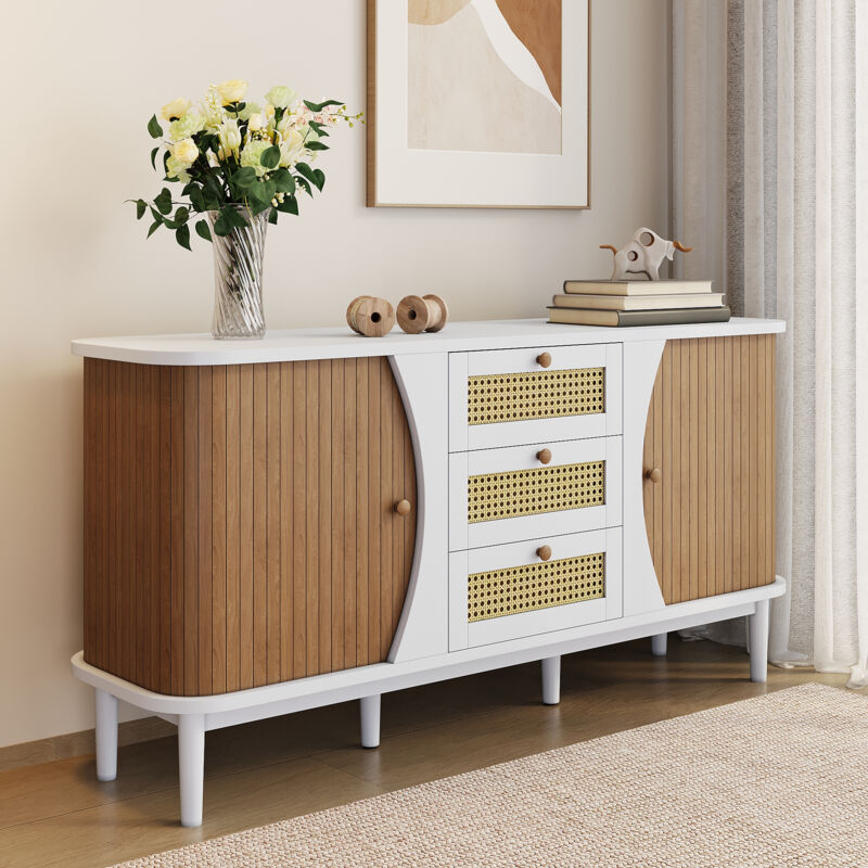 foto del prodotto credenza soggiorno, credenza in rattan con cassetti e ante scorrevoli, bianca e naturale
