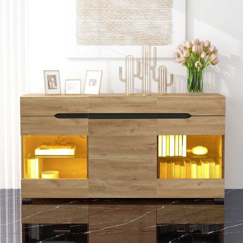 foto del prodotto credenza soggiorno, credenza led, credenza in legno con 3 ante e 3 cassetti, rovere