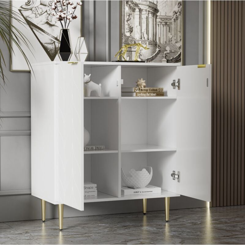 foto del prodotto credenza soggiorno, grande capacit di stoccaggio, multiuso, maniglie e gambe placcate oro, mdf e lamiera di acciaio, bianco 75x40x90cm
