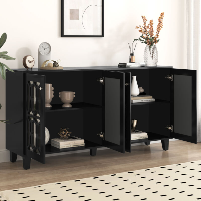 foto del prodotto credenza soggiorno, laminato sfoderabile, maniglie in cristallo, mdf, nero 4 ante, 160x40x84cm