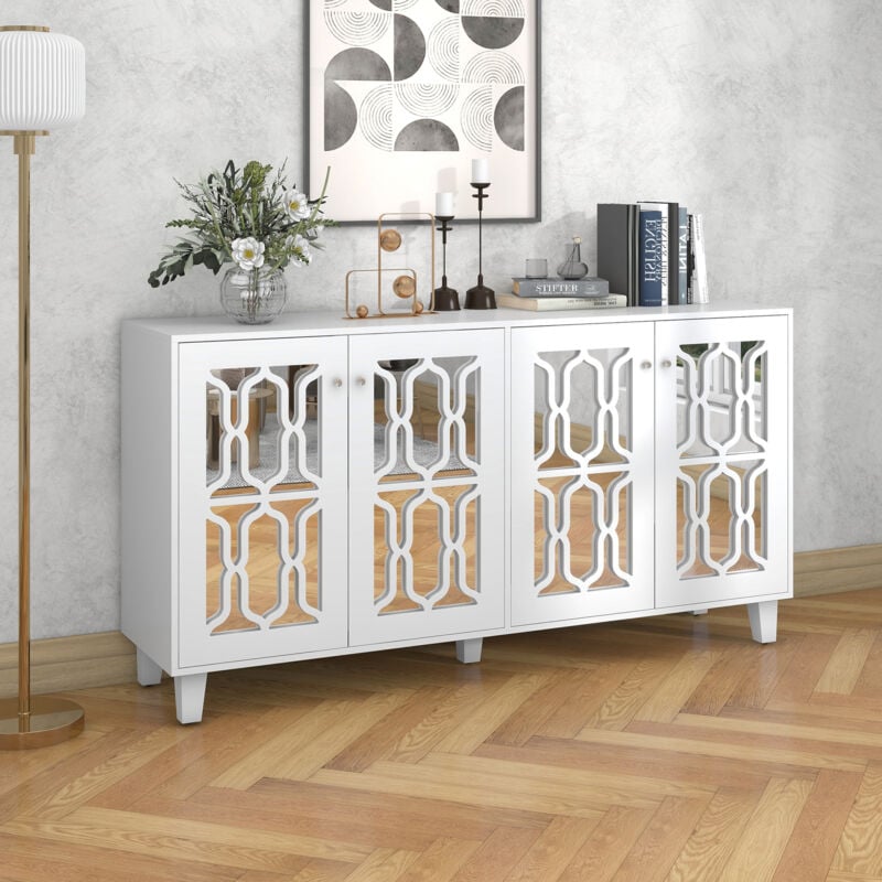 foto del prodotto credenza soggiorno, maniglie in cristallo, specchio, mdf, bianco, 4 ante, 160x40x84cm