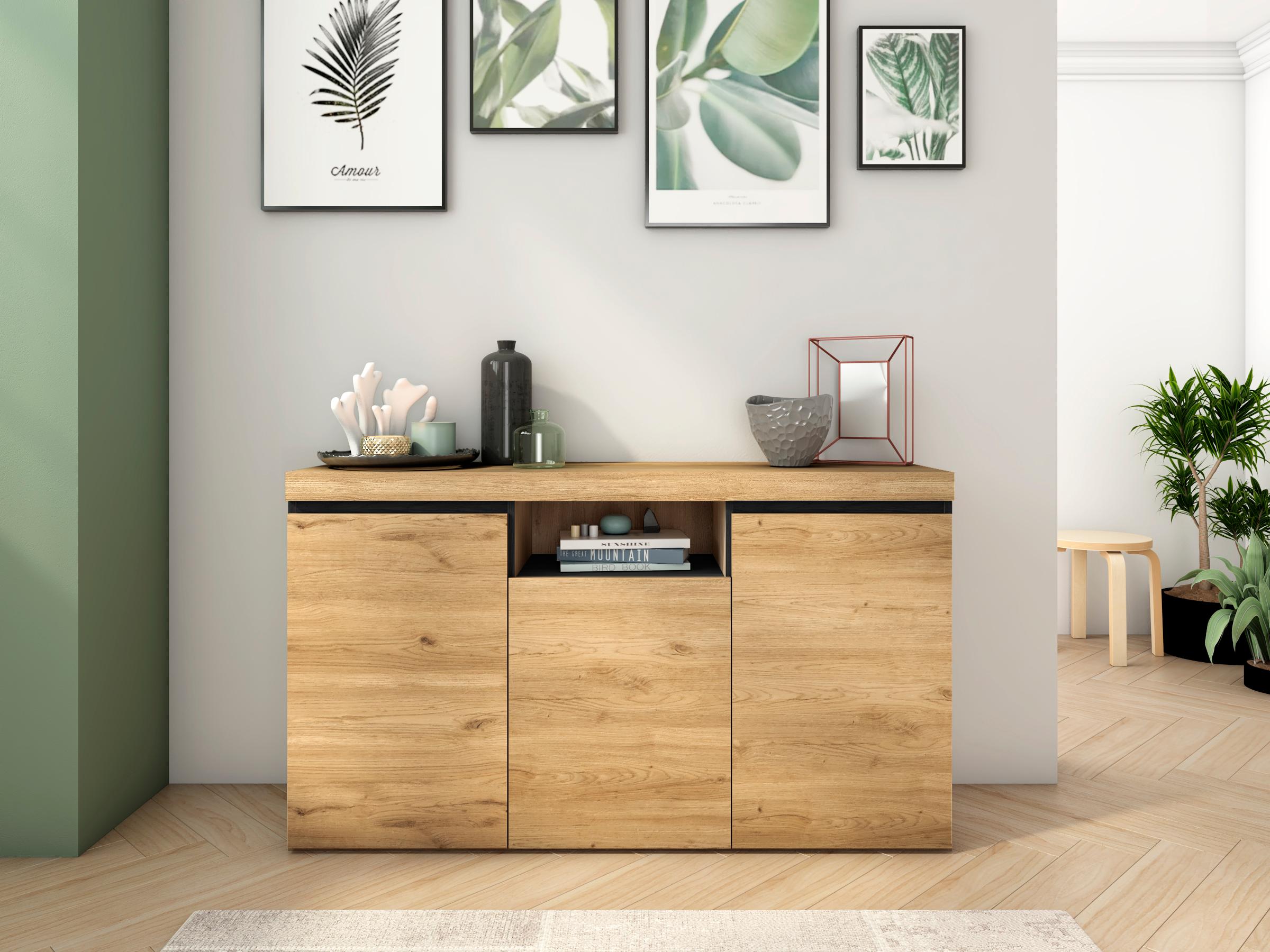foto del prodotto credenza soggiorno sala da pranzo ufficio colore rovere e nero 3 porte 1 comparti 140x40x81cm rf898
